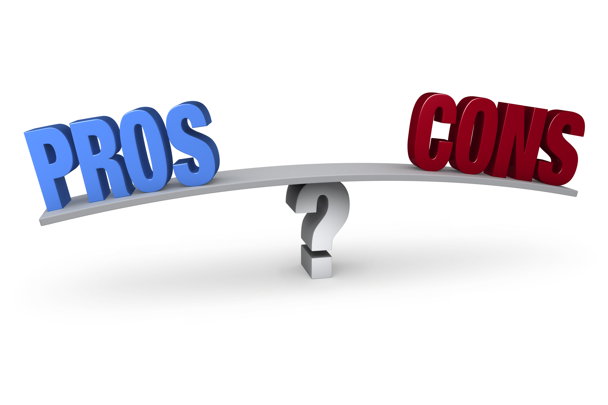 A bright, blue "PROS" and a red "CONS" sit on opposite ends of a gray board which is balanced on a white question mark. Isolated on white.