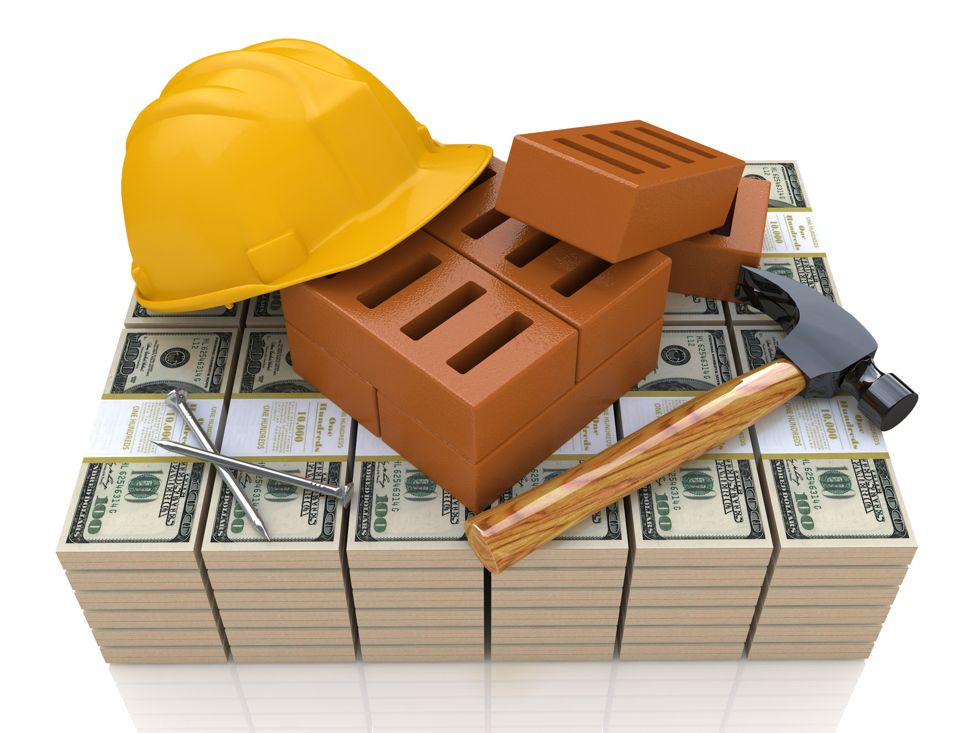 Investments in the construction industry - safety helmet, tools and money in the design of information related to business and construction